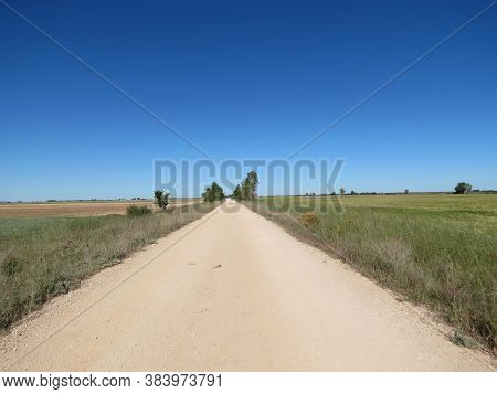 Dirt Road Going Straight In The Distance On Meseta, Spain. Camino De Santiago Stage.