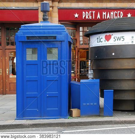 London / England, Uk - July 1, 2014: Police Blue Box In Earls Court London Underground Station. Tard