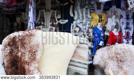 Souvenir Market In Yaremche With Traditional Carpathian Handmade Clothing, Herbs And Wooden Tools. U