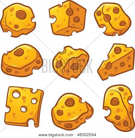 Pedazos de queso suizo. Ilustración con gradientes simples en Vector clip art. Cada uno en una capa independiente. 