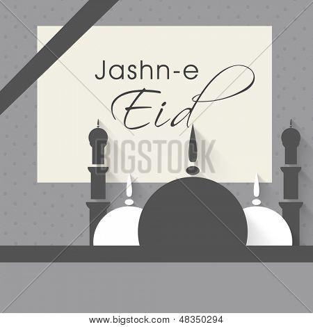 Creative concept for Muslim community festival with mosque design and text Jashn E Eid (Celebration of Eid Festival) on abstract grey background. 