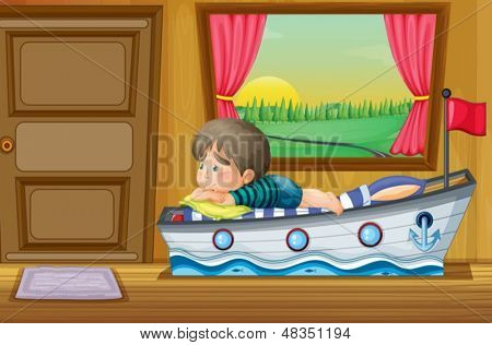 Ilustração de um garotinho triste dentro de casa