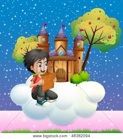 Ilustrace chlapce čtení knihy před hradem plovoucí