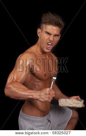 Man No Shirt Shiny Hold Fork Scream