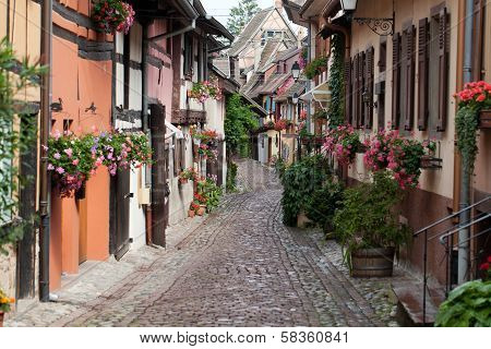 Street with half-timbered medieval houses in Eguisheim