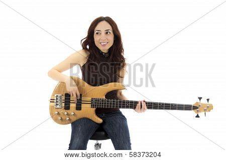 Smiling Young Woman With A Bass Guitar
