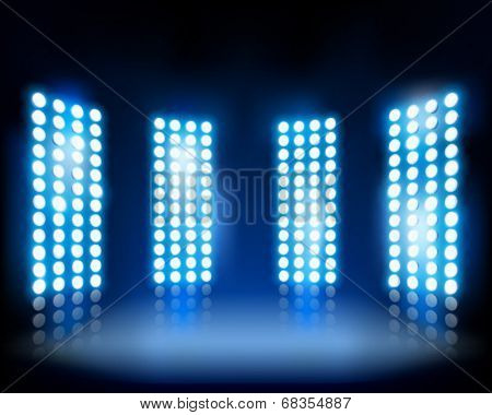Floodlights on the stage. Vector illustration.