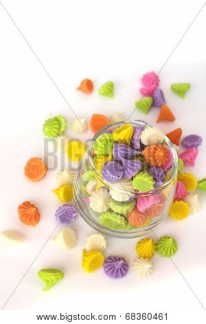Colorful Candy In Glass Saucer And Bowl Isolated On White Background