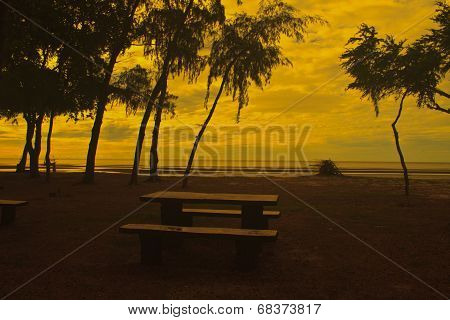 Stone  Bench With Sea Background