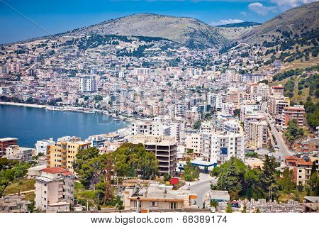 Panoramic view on Saranda city at suny day, Albania.