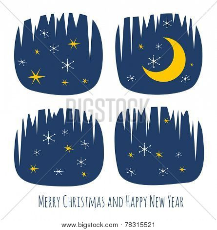 Retro Christmas card with night window silhouette, stars, moon and snowflakes