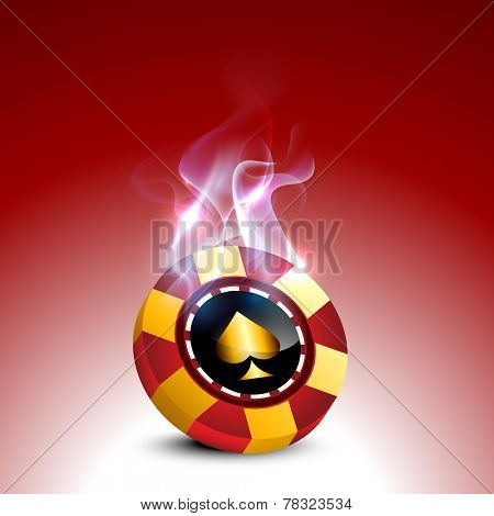 Stylish casino chip with fire flames on red background.