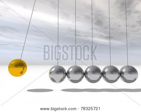 Concept or conceptual 3D metal silver and gold creative sphere Newton cradle pendulum over a sky background