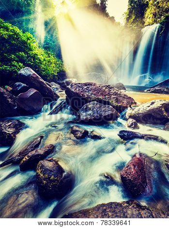 Vintage retro effect filtered hipster style image of tropical waterfall Phnom Kulen, Cambodia