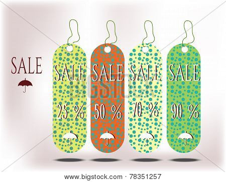 Four colorful cards with words sales