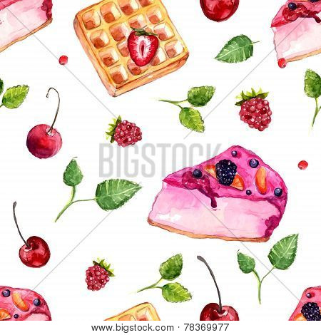 Watercolor Desserts And Berries Seamless Pattern. Vector Background With Sweets, Leaves, Cake And Be