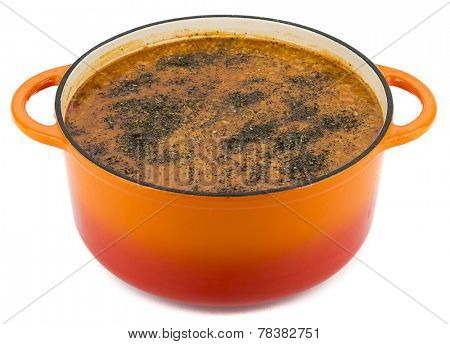 Traditional Turkish lentil soup called ezogelin isolated on white background.   