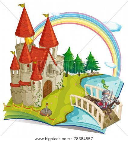 Illustration of a pop-up book with castle and a knight