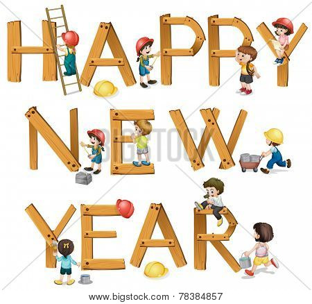 Illustration of a wooden happy new year sign