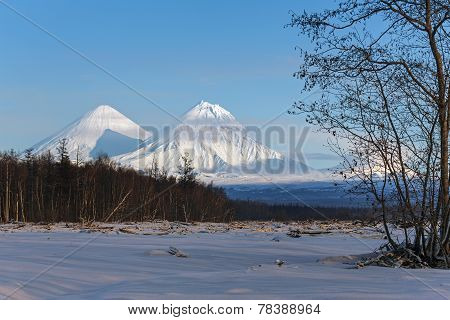 Klyuchevskoy Volcano And Kamen Volcano On The Kamchatka Peninsula