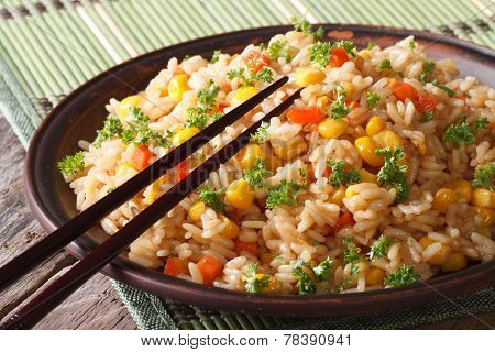 Chinese Fried Rice With Eggs, Corn And Spices,  Horizontal