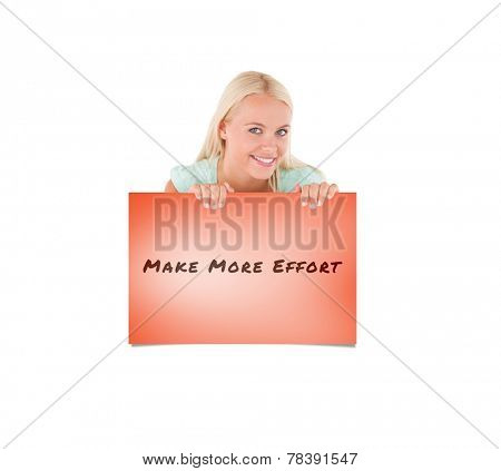 Smiling woman standing behind a whiteboard against orange card