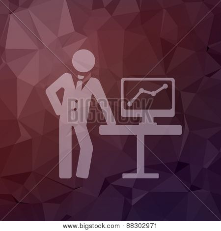 Businessman excplaining graphic icon in flat style for web and mobile, modern minimalistic flat design. Vector white icon on abstract polygonal background