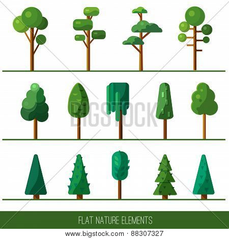 Set of nature elements: tree, spruce. Vector flat illustration.