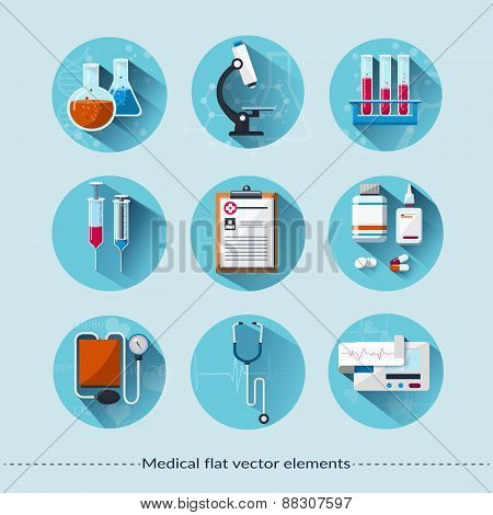 Medical flat icons with long shadow. Healthcare and medical concept. Vector illustration