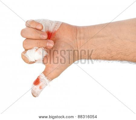 Hand thumb with blood and bandage isolated on white background