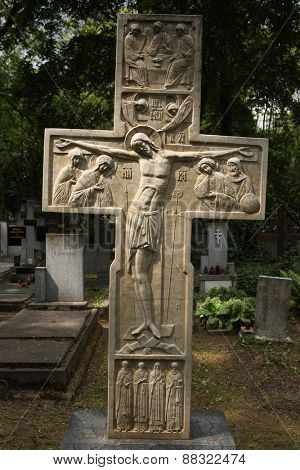 PRAGUE, CZECH REPUBLIC - MAY 28, 2012: Grave of Russian nobleman Prince Sergey Galitzine among graves of Russian white emigrants at the Olsany Cemetery in Prague, Czech Republic.