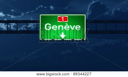 Geneve Switzerland Highway Road Sign At Night