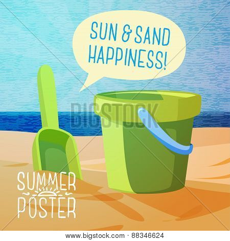 Cute summer poster - sun, sand, spade and bucket on the shore, with speech bubble for your text. Vec