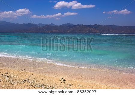 Beautiful View From Gili Islands Over Turquoise Ocean To Lombok