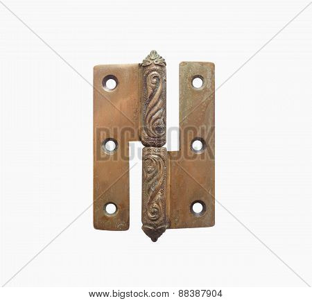Isolated old rusty grunge metal hinge with decorative elements on white background.