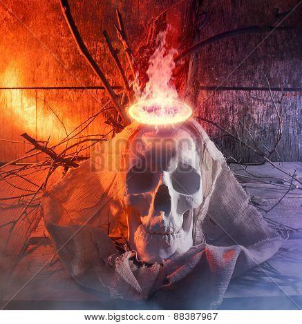 Anatomic white skull lying on wooden old surface with tree branches, fog, cloth & fantasy fire effect ring composition.