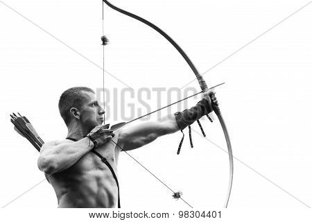 Archery. Young Archer Training With The Bow