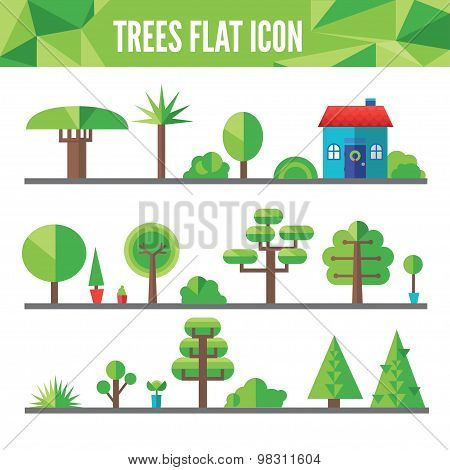 set of flat trees and grass including pine and deciduous trees