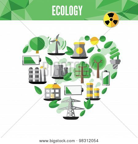 Heart with environmental icons in green . Vector file available.