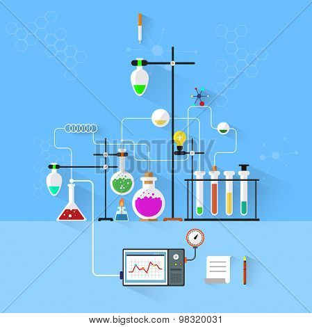 Modern vector illustration icons set of science.Laboratory workspace and workplace concept. Chemistr