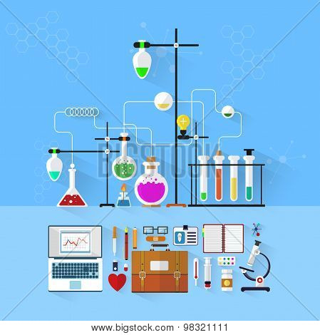 Laboratory workspace and workplace concept.Chemistry, physics, biology.Flat design.