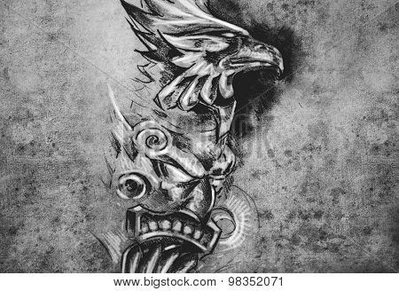 Tattoo art, hadmade sketch over vintage paper