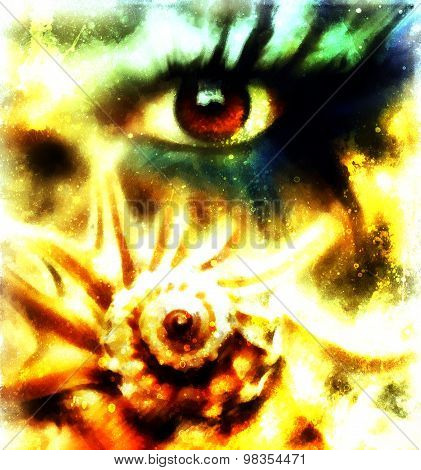 women eye beaming. color rust effect. painting collage and  Abstract  sea shell.