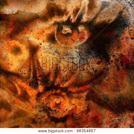 women eye beaming. color rust effect. painting collage and  Abstract  sea shell.