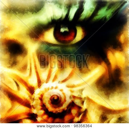 women eye beaming. color rust effect. painting collage and  Abstract  sea shell.