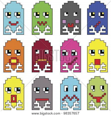 Pixelated  emoticons 2 inspired  by 90's vintage video computer  games showing vary emotions with st