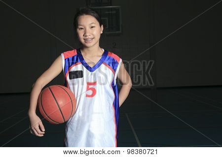 A asian basketball player in gymnase field