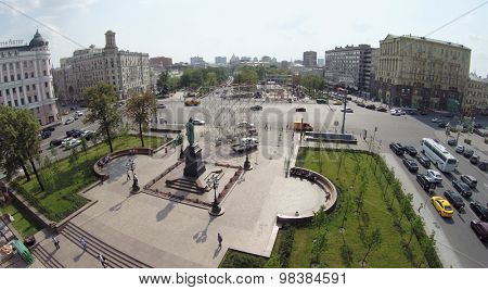 MOSCOW - AUG 12, 2014: Monument to Alexander Pushkin on Pushkin Square, aerial view