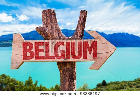 Belgium wooden sign with river on background