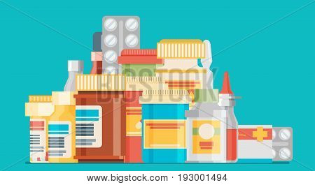 Medicine bottles collection. Bottles of drugs tablets capsules and sprays. Vector illustration